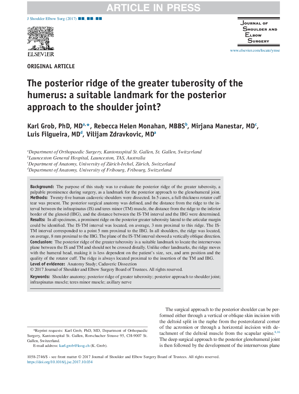 The posterior ridge of the greater tuberosity of the humerus: a suitable landmark for the posterior approach to the shoulder joint?