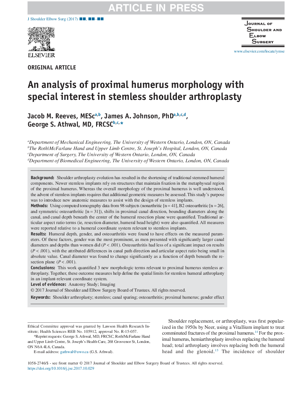 An analysis of proximal humerus morphology with special interest in stemless shoulder arthroplasty