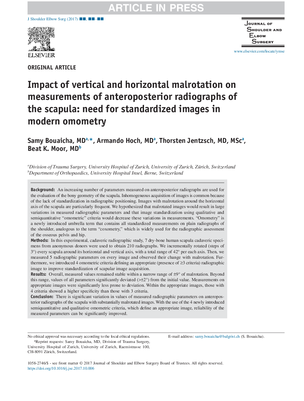 Impact of vertical and horizontal malrotation on measurements of anteroposterior radiographs of the scapula: need for standardized images in modern omometry