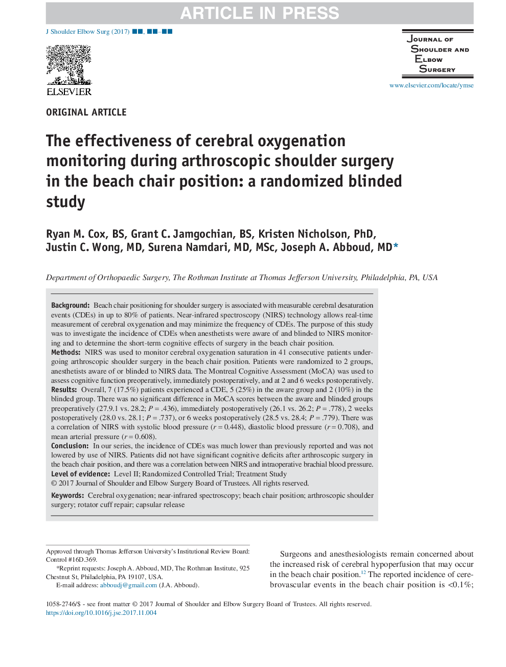اثربخشی نظارت اکسیژن مغزی در طی عمل جراحی شانه آرتروسکوپی در موقعیت صندلی ساحل: یک مطالعه کورپور تصادفی 