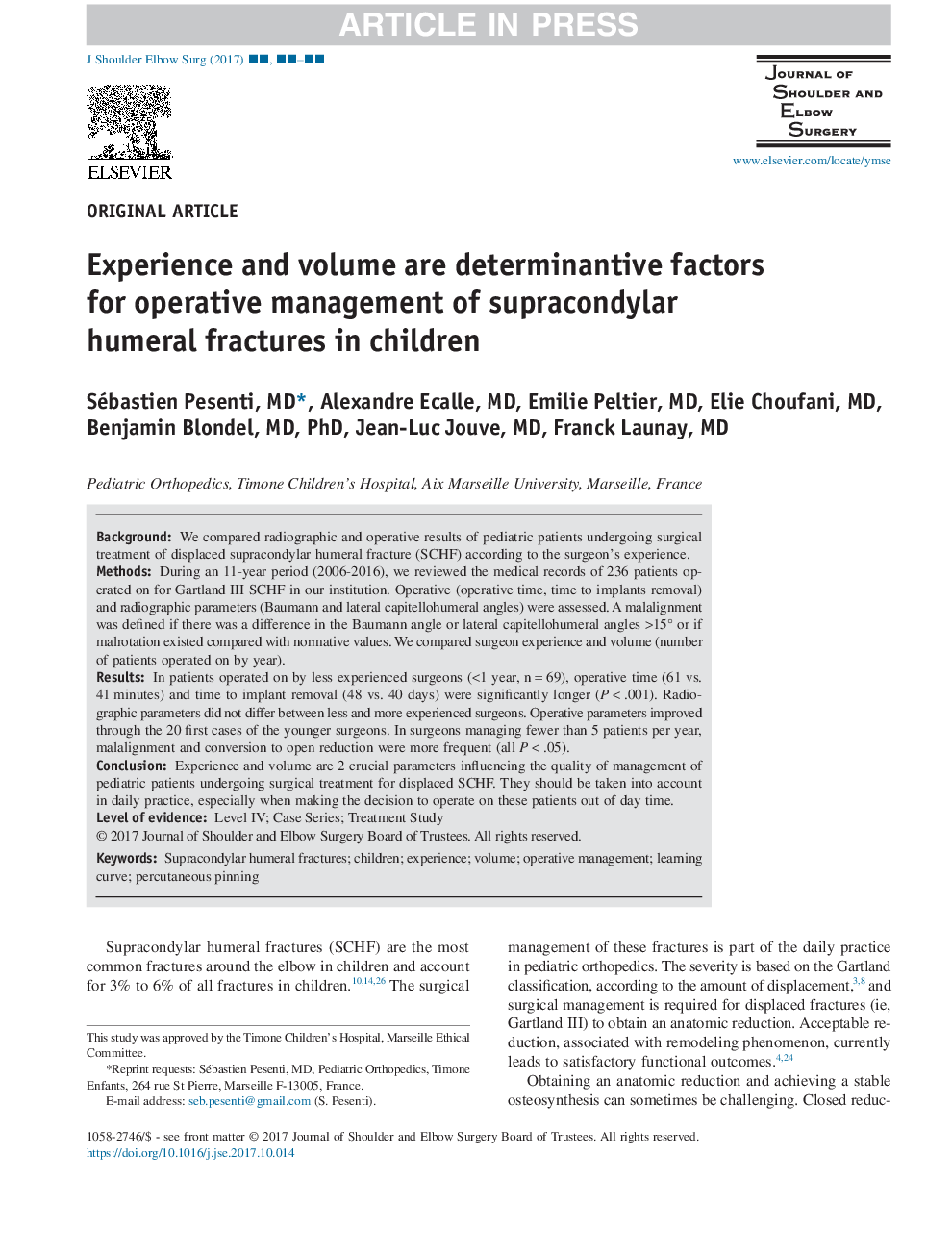 Experience and volume are determinantive factors for operative management of supracondylar humeral fractures in children