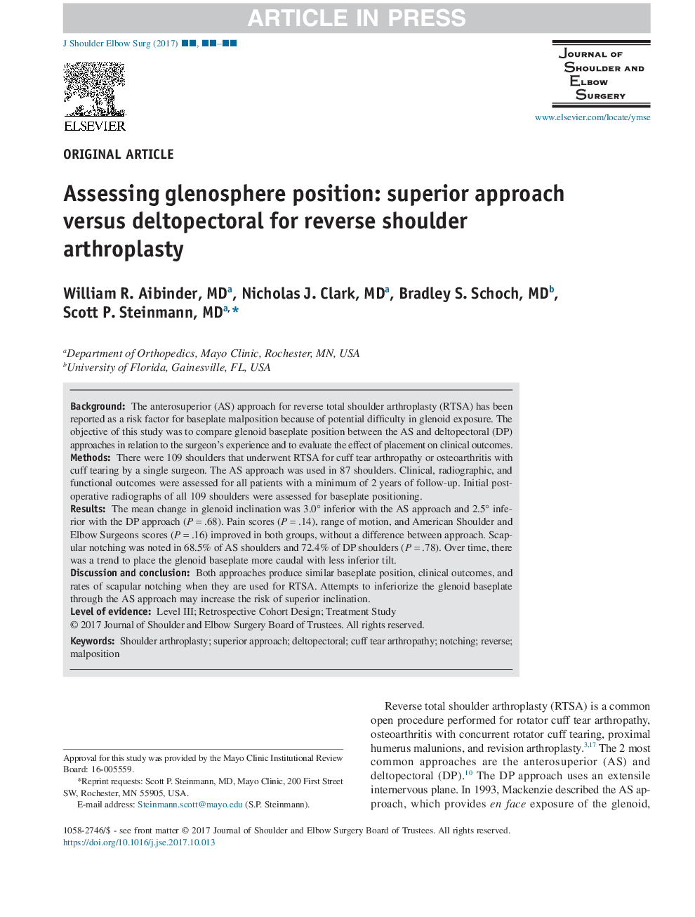 Assessing glenosphere position: superior approach versus deltopectoral for reverse shoulder arthroplasty