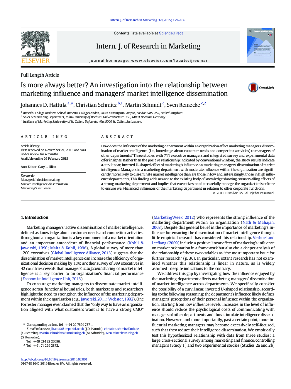 Is more always better? An investigation into the relationship between marketing influence and managers' market intelligence dissemination