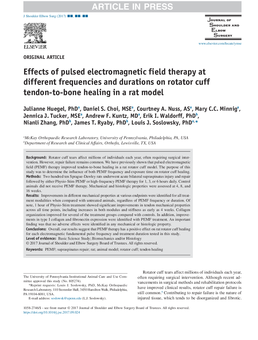 Effects of pulsed electromagnetic field therapy at different frequencies and durations on rotator cuff tendon-to-bone healing in a rat model