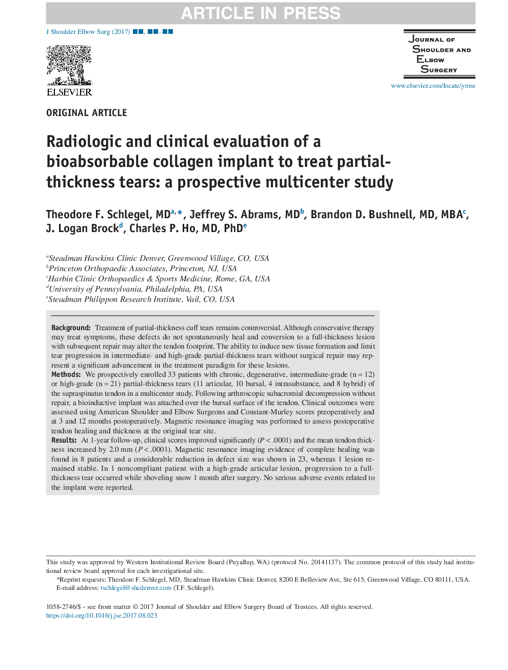 Radiologic and clinical evaluation of a bioabsorbable collagen implant to treat partial-thickness tears: a prospective multicenter study