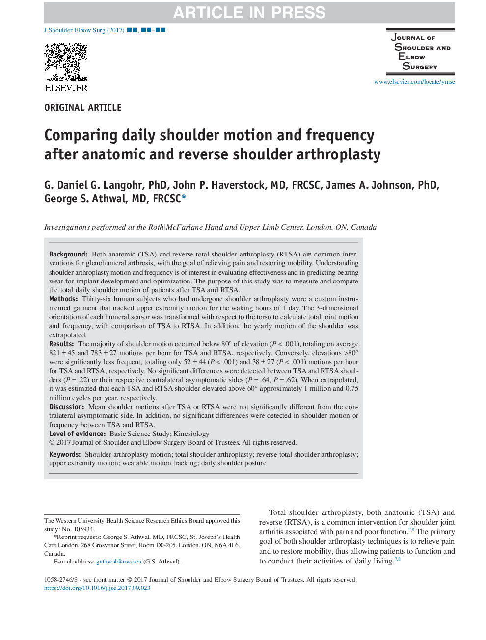 Comparing daily shoulder motion and frequency after anatomic and reverse shoulder arthroplasty