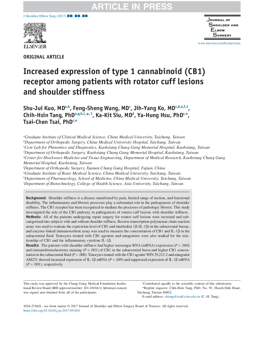 Increased expression of type 1 cannabinoid (CB1) receptor among patients with rotator cuff lesions and shoulder stiffness