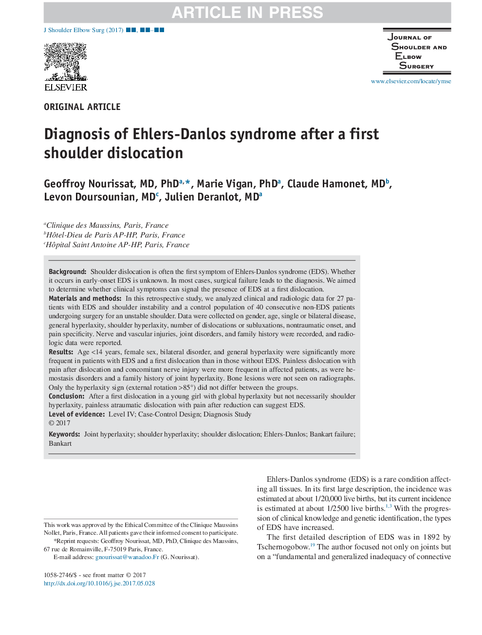Diagnosis of Ehlers-Danlos syndrome after a first shoulder dislocation