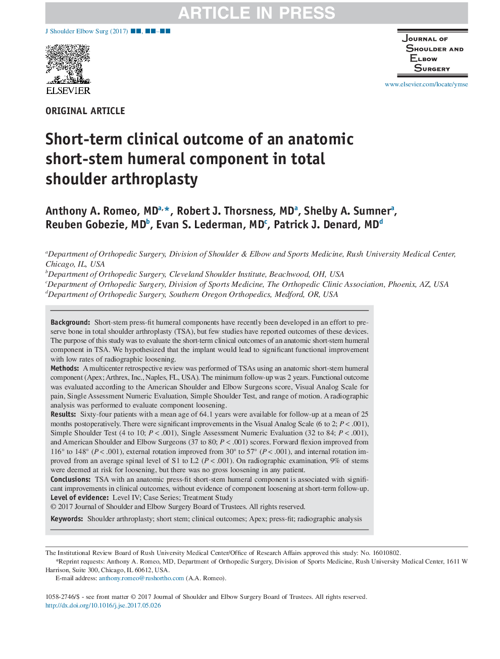 Short-term clinical outcome of an anatomic short-stem humeral component in total shoulder arthroplasty