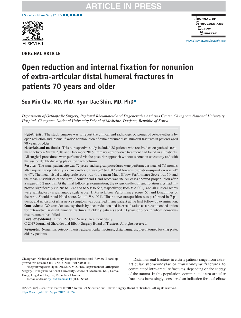 Open reduction and internal fixation for nonunion of extra-articular distal humeral fractures in patients 70 years and older