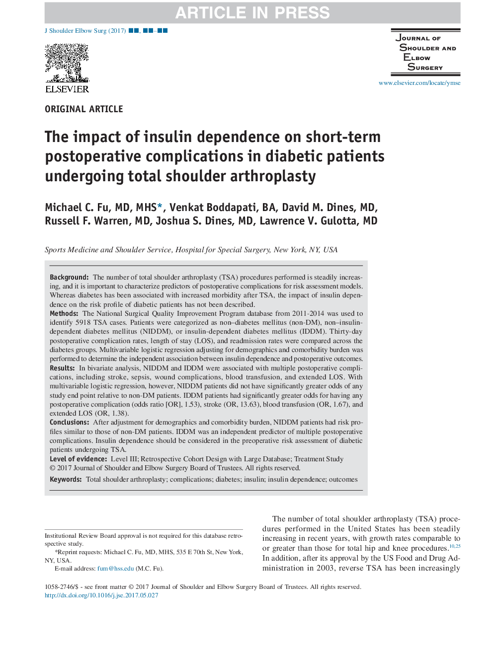 The impact of insulin dependence on short-term postoperative complications in diabetic patients undergoing total shoulder arthroplasty