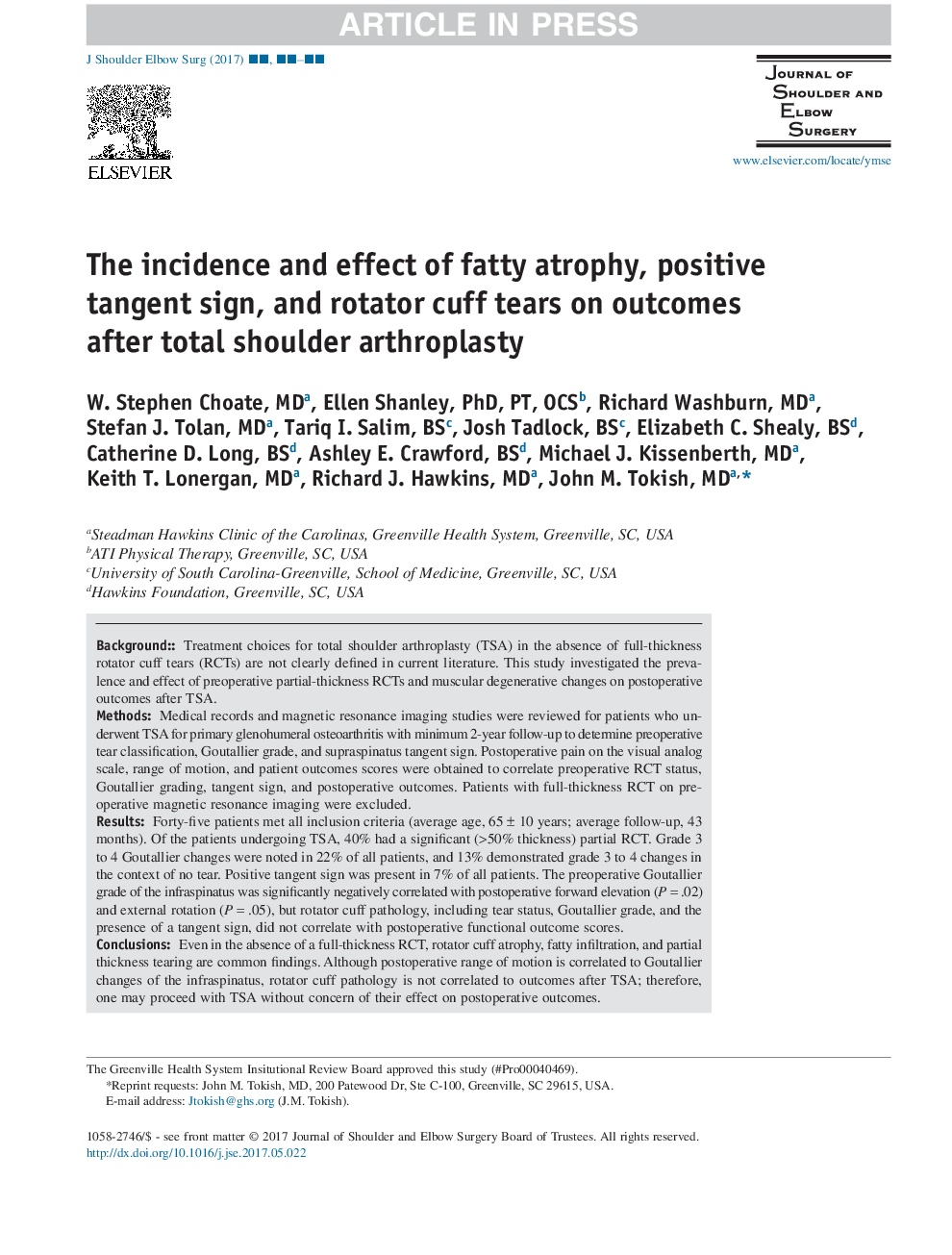 The incidence and effect of fatty atrophy, positive tangent sign, and rotator cuff tears on outcomes after total shoulder arthroplasty