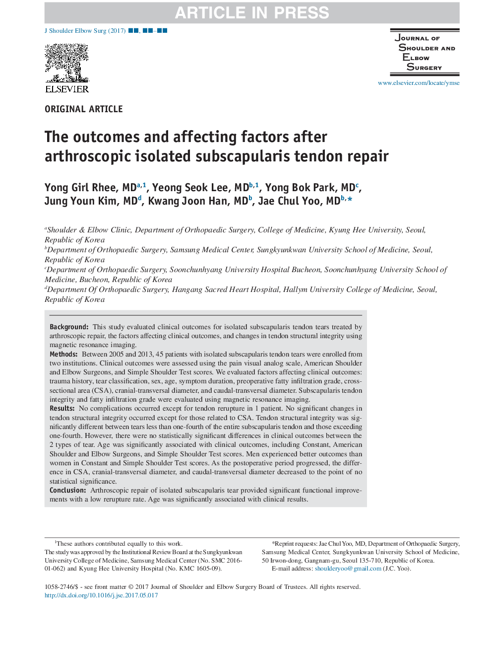 The outcomes and affecting factors after arthroscopic isolated subscapularis tendon repair