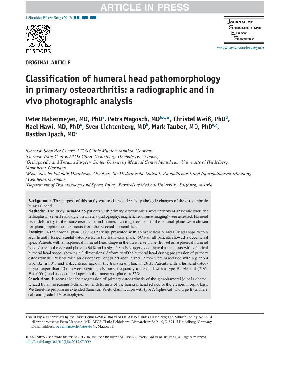 Classification of humeral head pathomorphology in primary osteoarthritis: a radiographic and in vivo photographic analysis