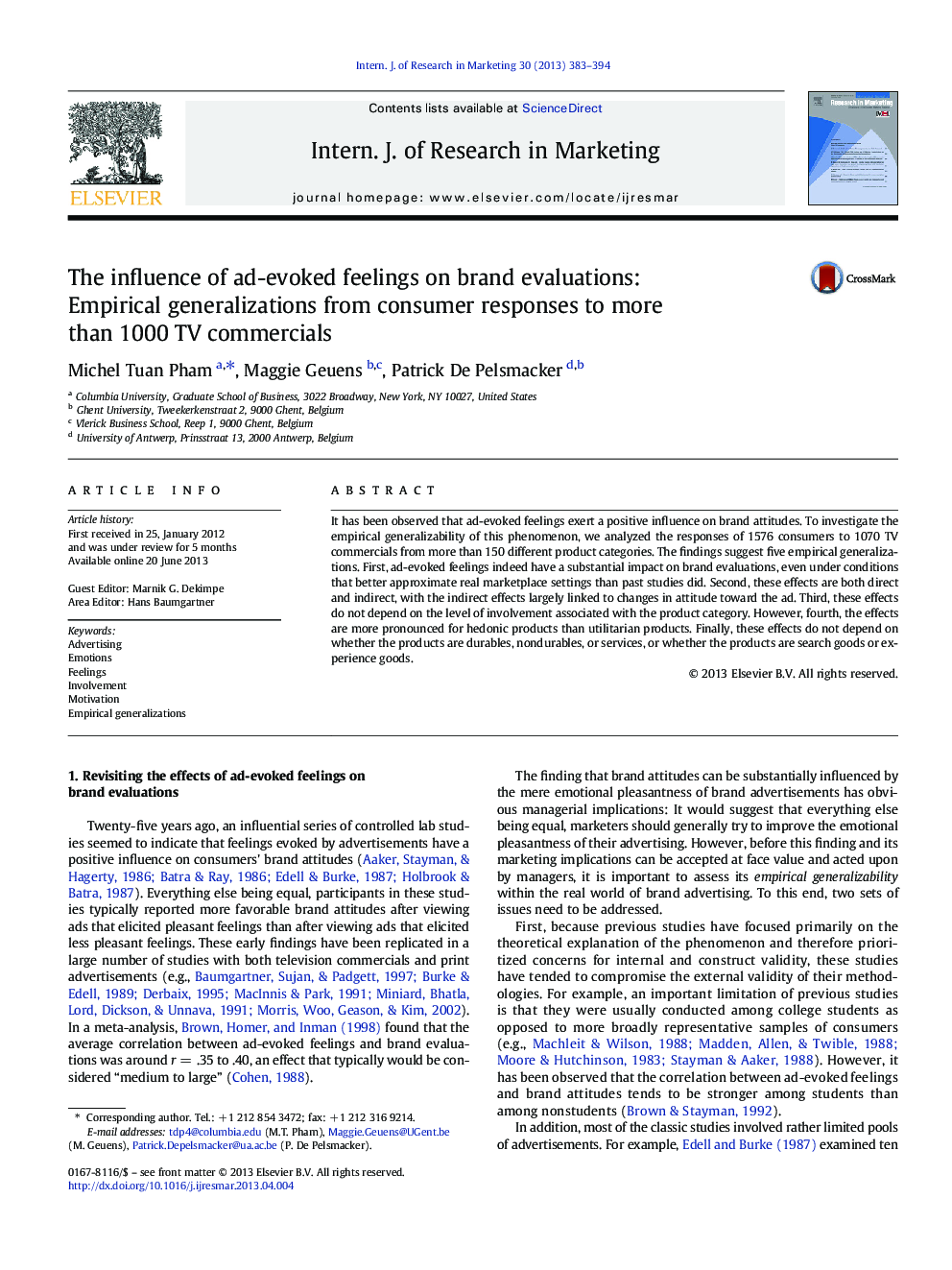 The influence of ad-evoked feelings on brand evaluations: Empirical generalizations from consumer responses to more than 1000 TV commercials