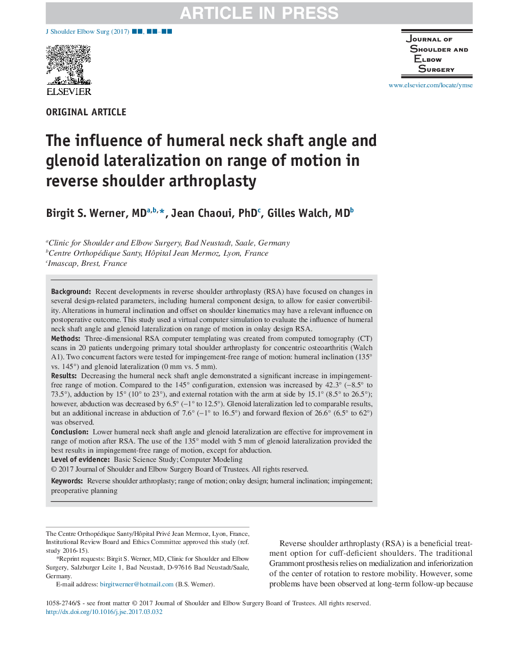 The influence of humeral neck shaft angle and glenoid lateralization on range of motion in reverse shoulder arthroplasty