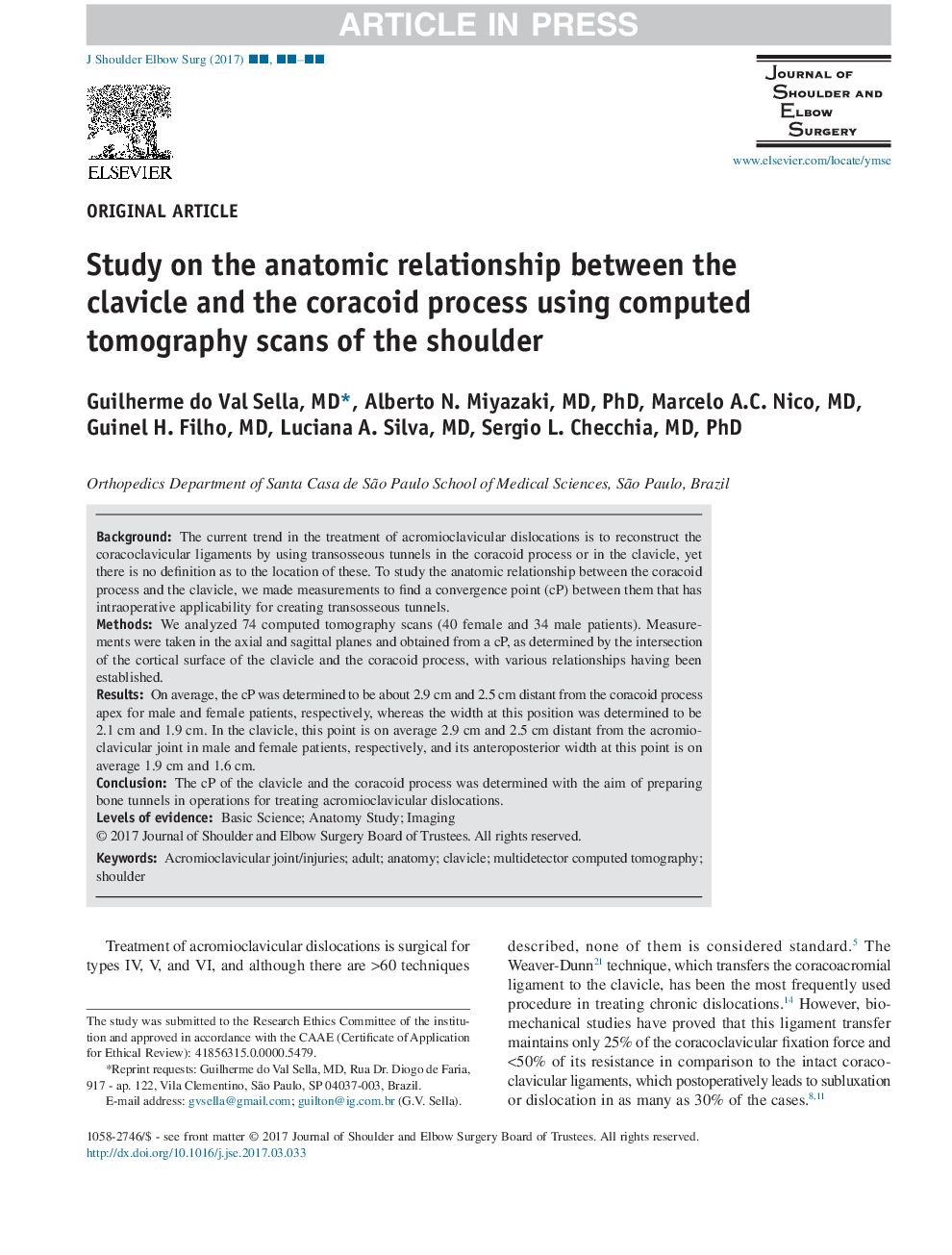 Study on the anatomic relationship between the clavicle and the coracoid process using computed tomography scans of the shoulder