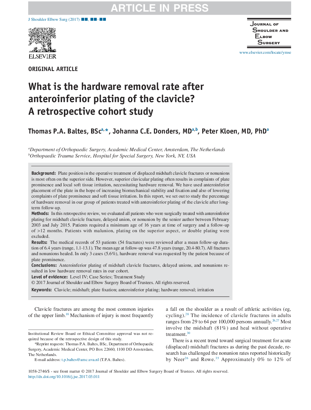 What is the hardware removal rate after anteroinferior plating of the clavicle? A retrospective cohort study