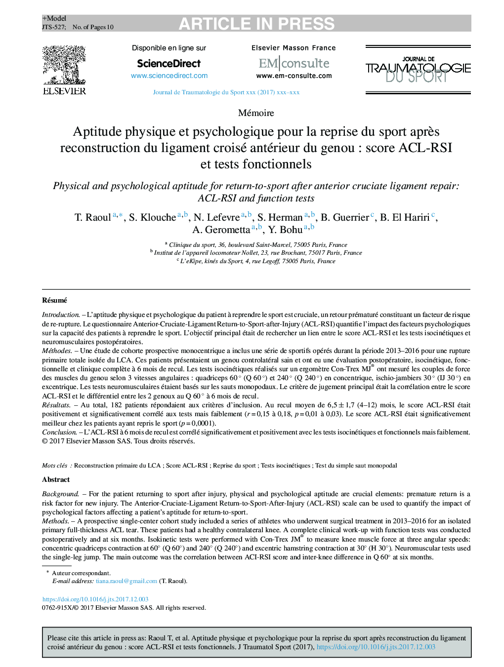 Aptitude physique et psychologique pour la reprise du sport aprÃ¨s reconstruction du ligament croisé antérieur du genouÂ : score ACL-RSI et tests fonctionnels