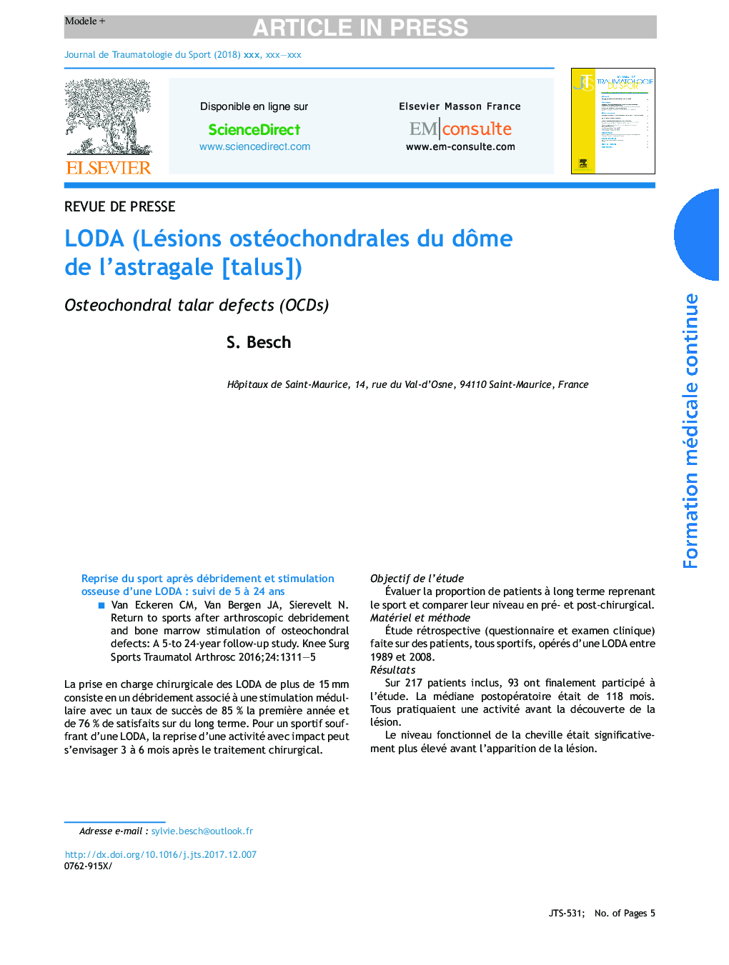 LODA (Lésions ostéochondrales du dÃ´me de l'astragale [talus])