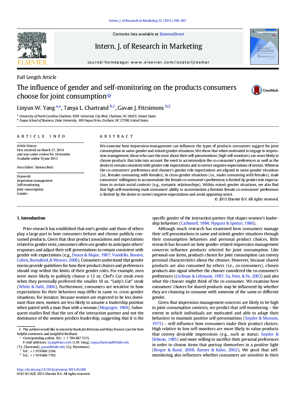 The influence of gender and self-monitoring on the products consumers choose for joint consumption 