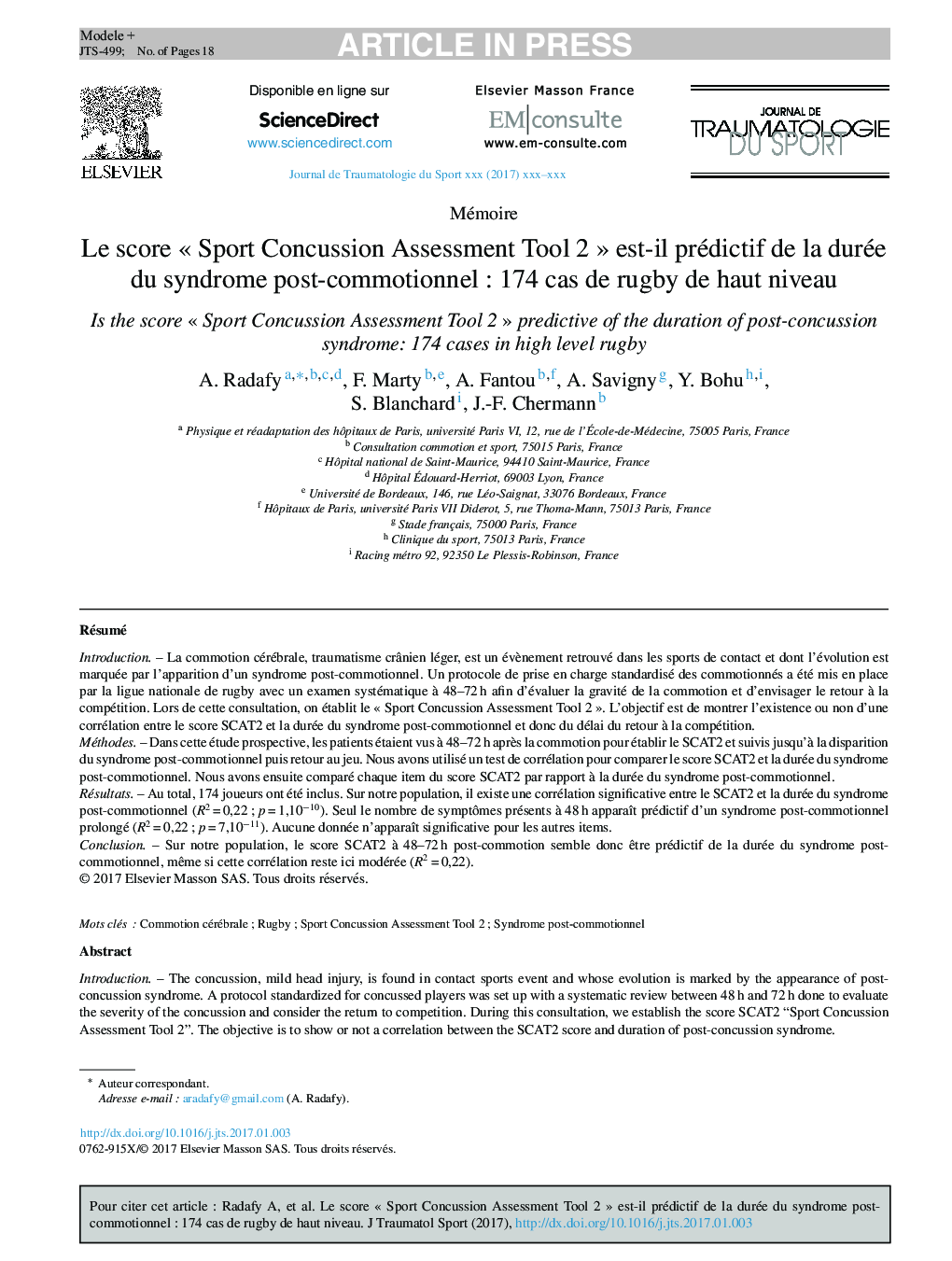 Le score Â«Â Sport Concussion Assessment Tool 2Â Â» est-il prédictif de la durée du syndrome post-commotionnelÂ : 174Â cas de rugby de haut niveau