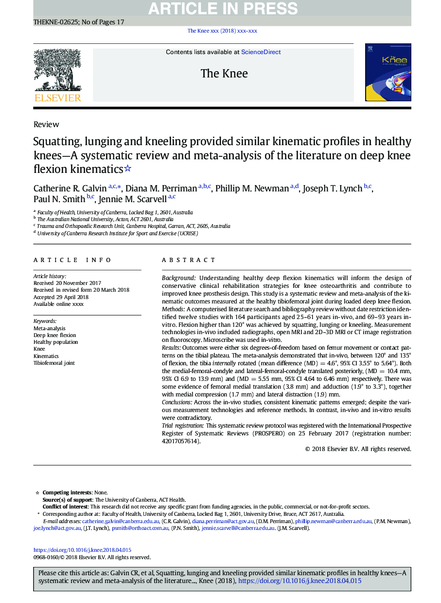 Squatting, lunging and kneeling provided similar kinematic profiles in healthy knees-A systematic review and meta-analysis of the literature on deep knee flexion kinematics