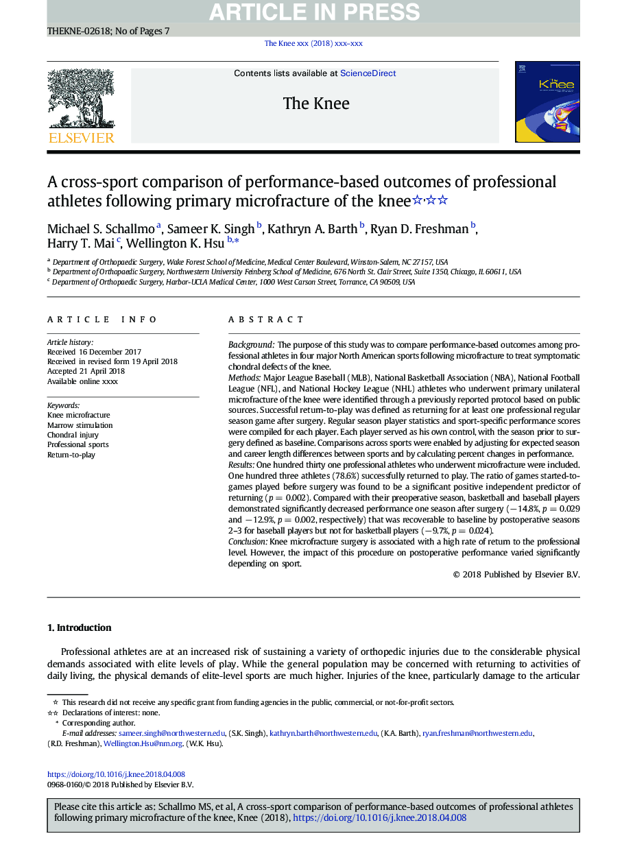 A cross-sport comparison of performance-based outcomes of professional athletes following primary microfracture of the knee