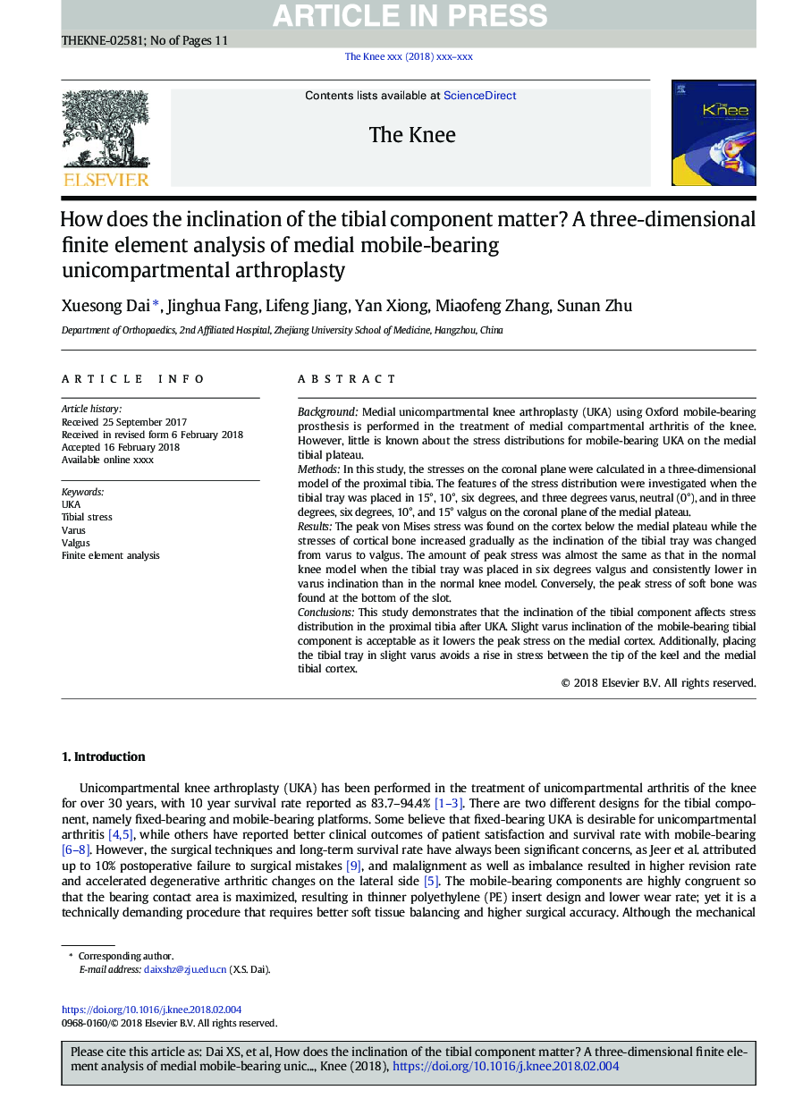 How does the inclination of the tibial component matter? A three-dimensional finite element analysis of medial mobile-bearing unicompartmental arthroplasty