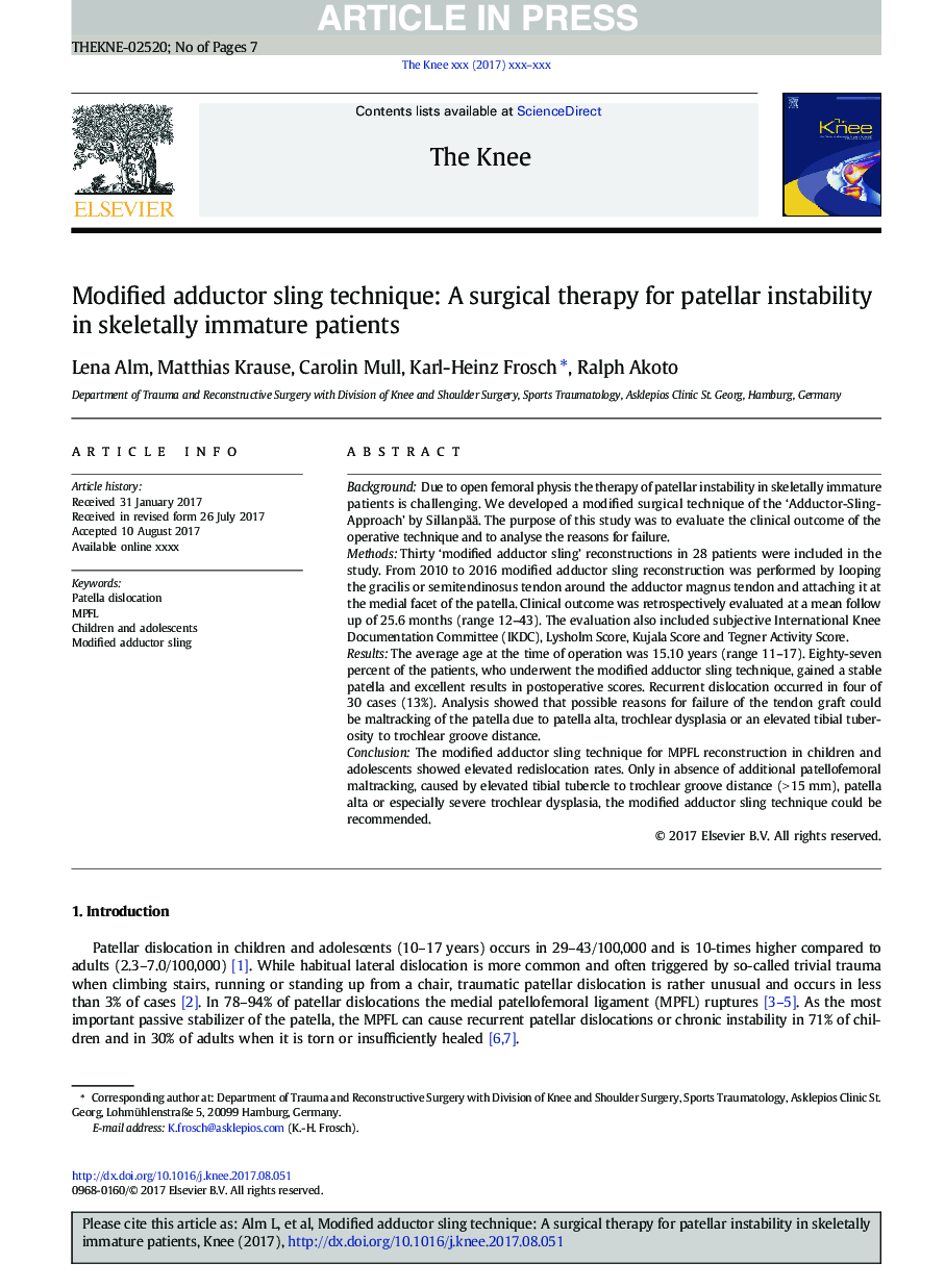 Modified adductor sling technique: A surgical therapy for patellar instability in skeletally immature patients