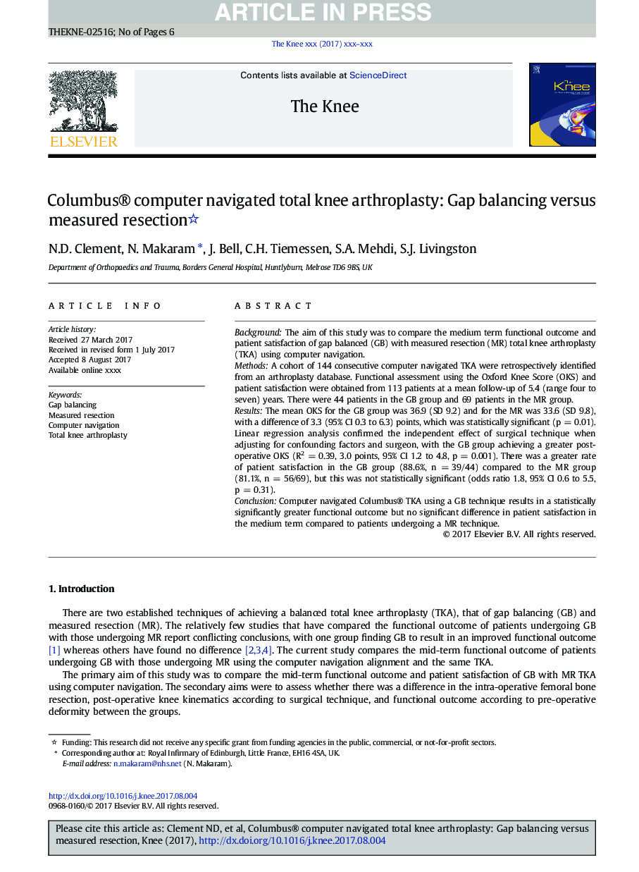 Columbus® computer navigated total knee arthroplasty: Gap balancing versus measured resection