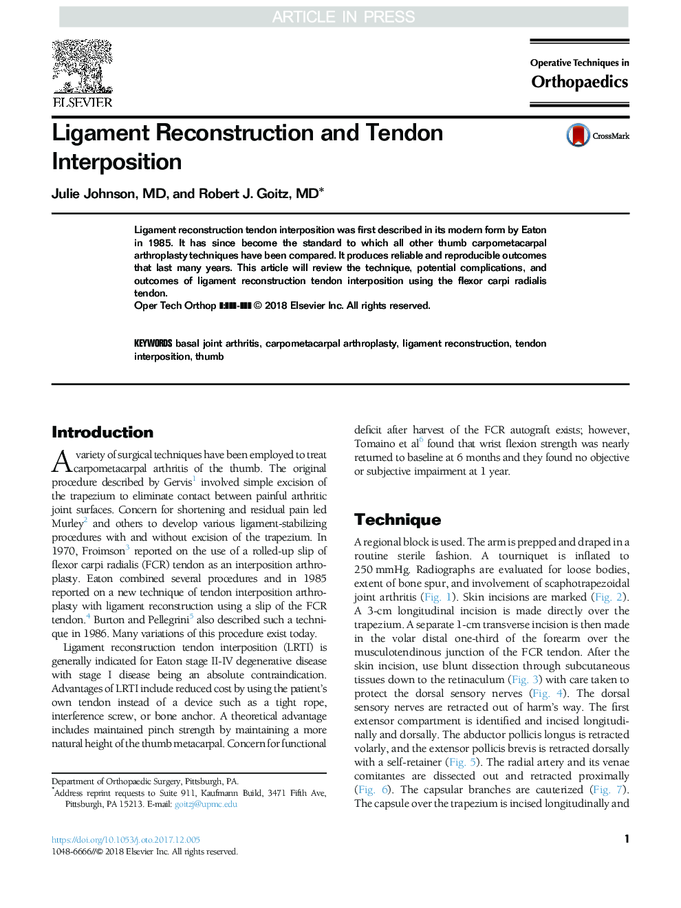 Ligament Reconstruction and Tendon Interposition