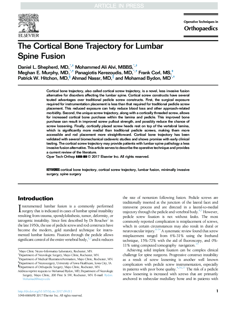 The Cortical Bone Trajectory for Lumbar Spine Fusion