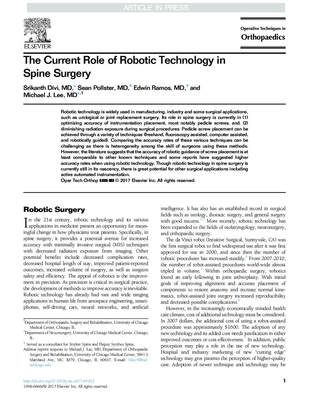 The Current Role of Robotic Technology in Spine Surgery