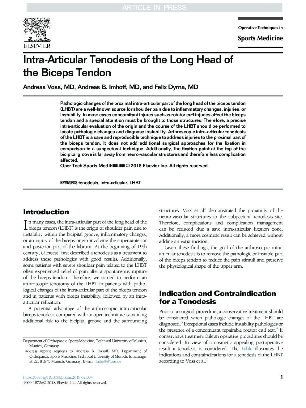 Intra-Articular Tenodesis of the Long Head of the Biceps Tendon