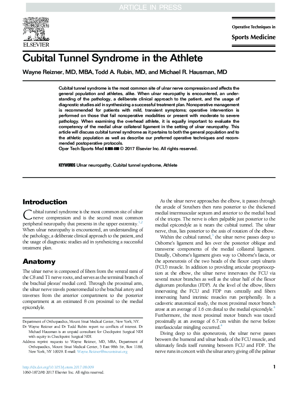 Cubital Tunnel Syndrome in the Athlete