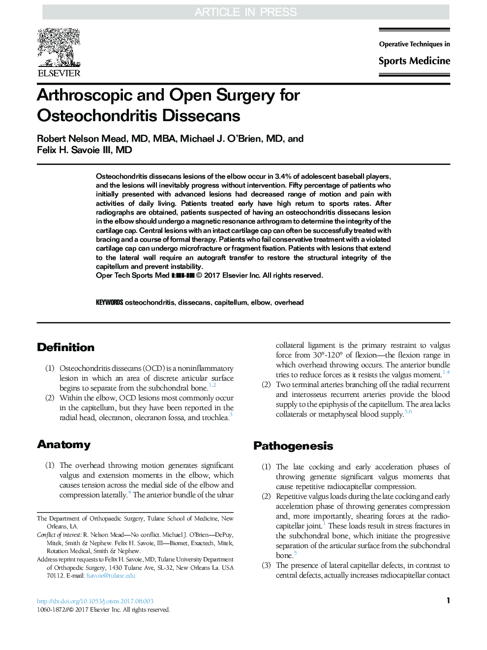 Arthroscopic and Open Surgery for Osteochondritis Dissecans