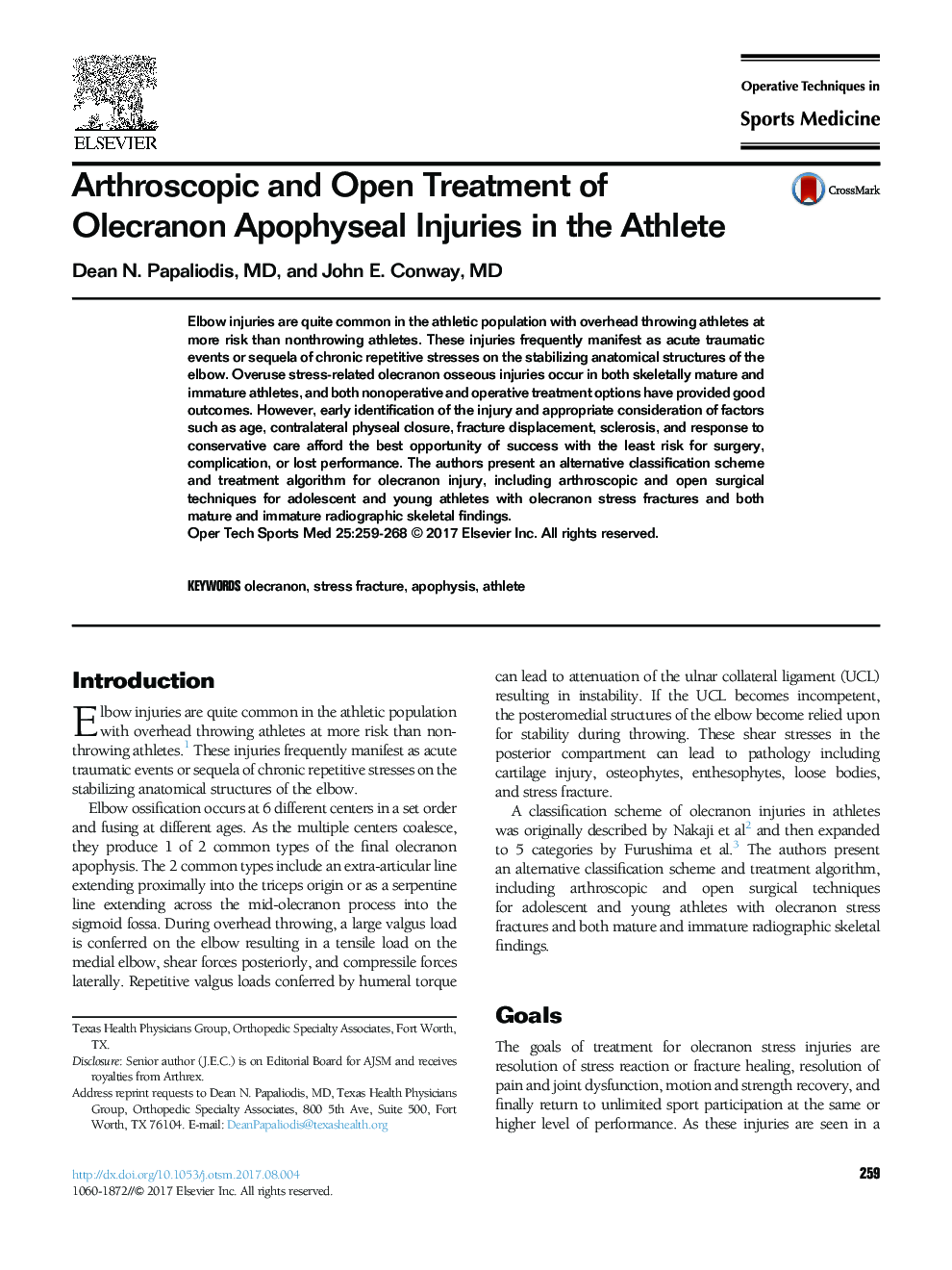 Arthroscopic and Open Treatment of Olecranon Apophyseal Injuries in the Athlete