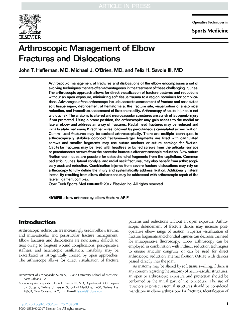 Arthroscopic Management of Elbow Fractures and Dislocations