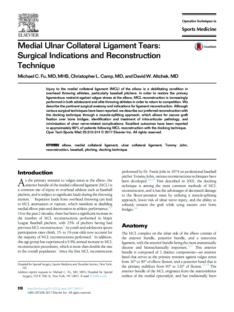 Medial Ulnar Collateral Ligament Tears: Surgical Indications and Reconstruction Technique