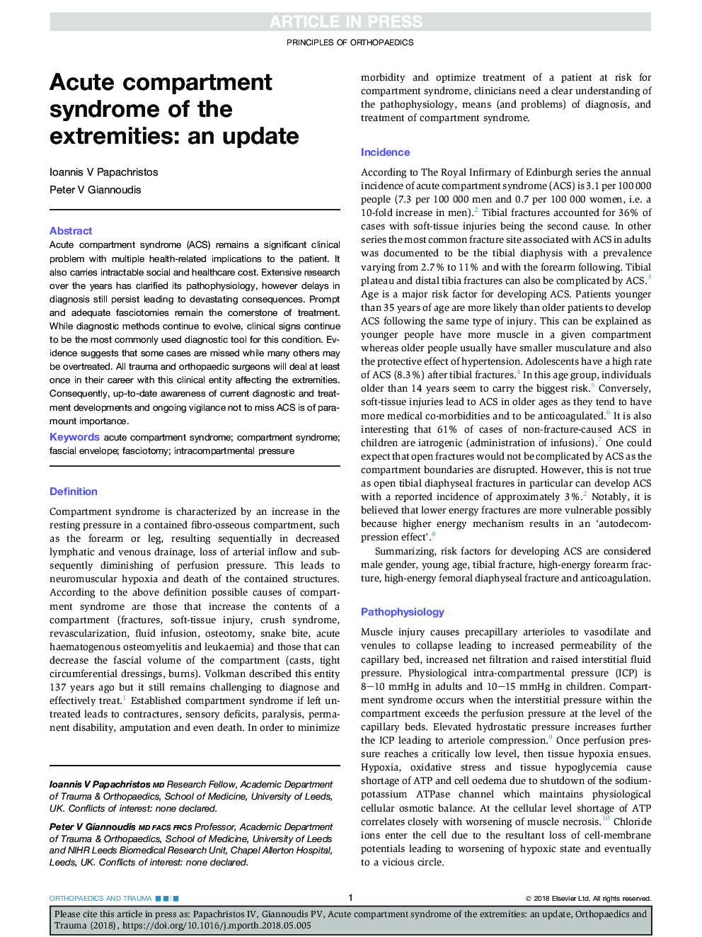 Acute compartment syndrome of the extremities: an update