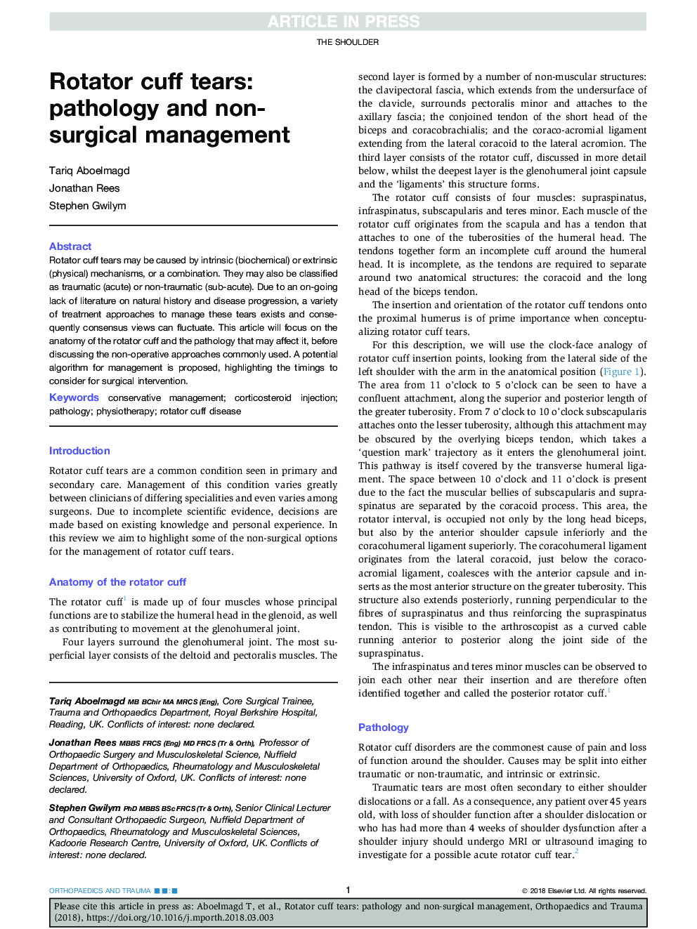 Rotator cuff tears: pathology and non-surgical management