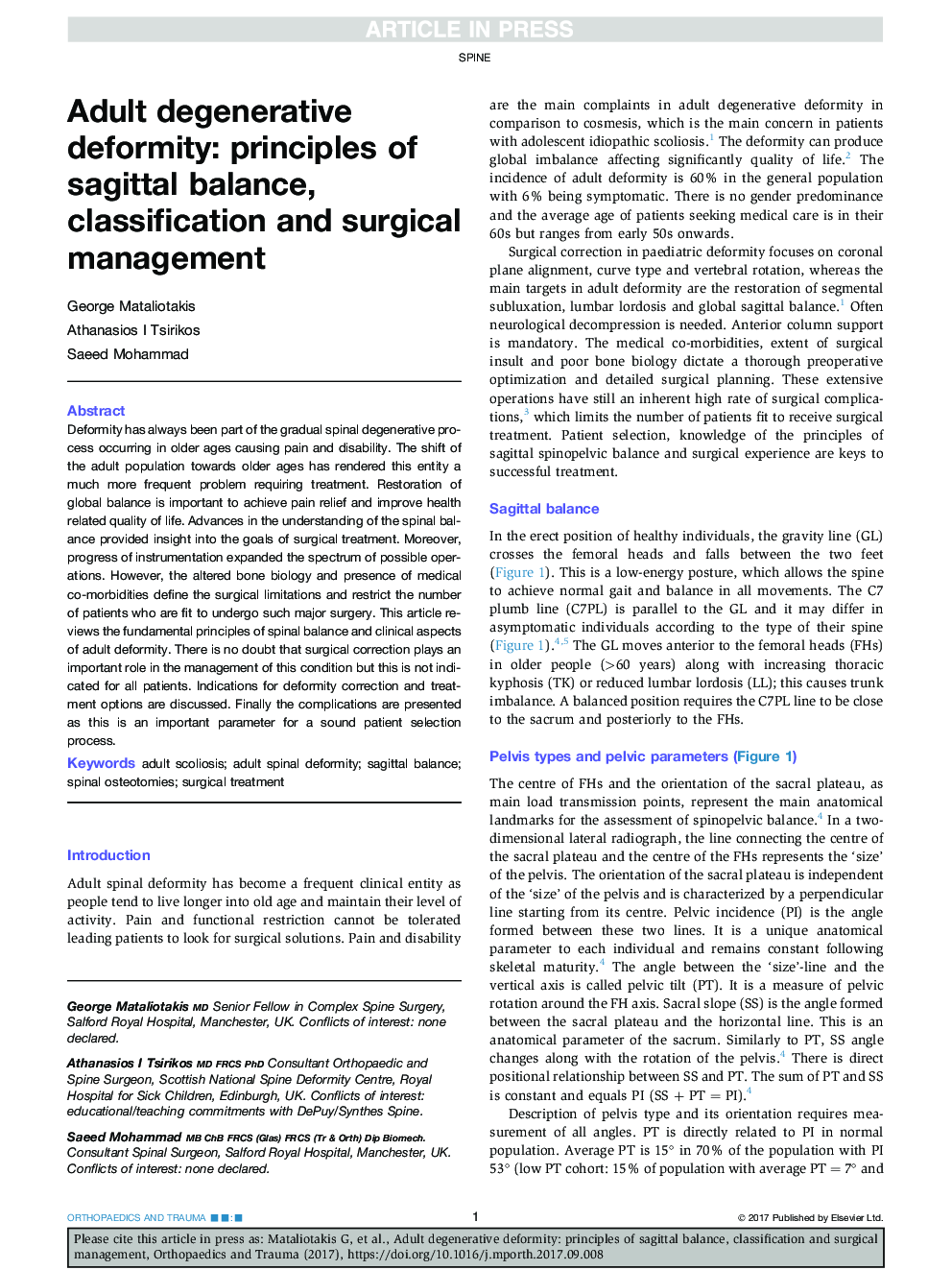 Adult degenerative deformity: principles of sagittal balance, classification and surgical management