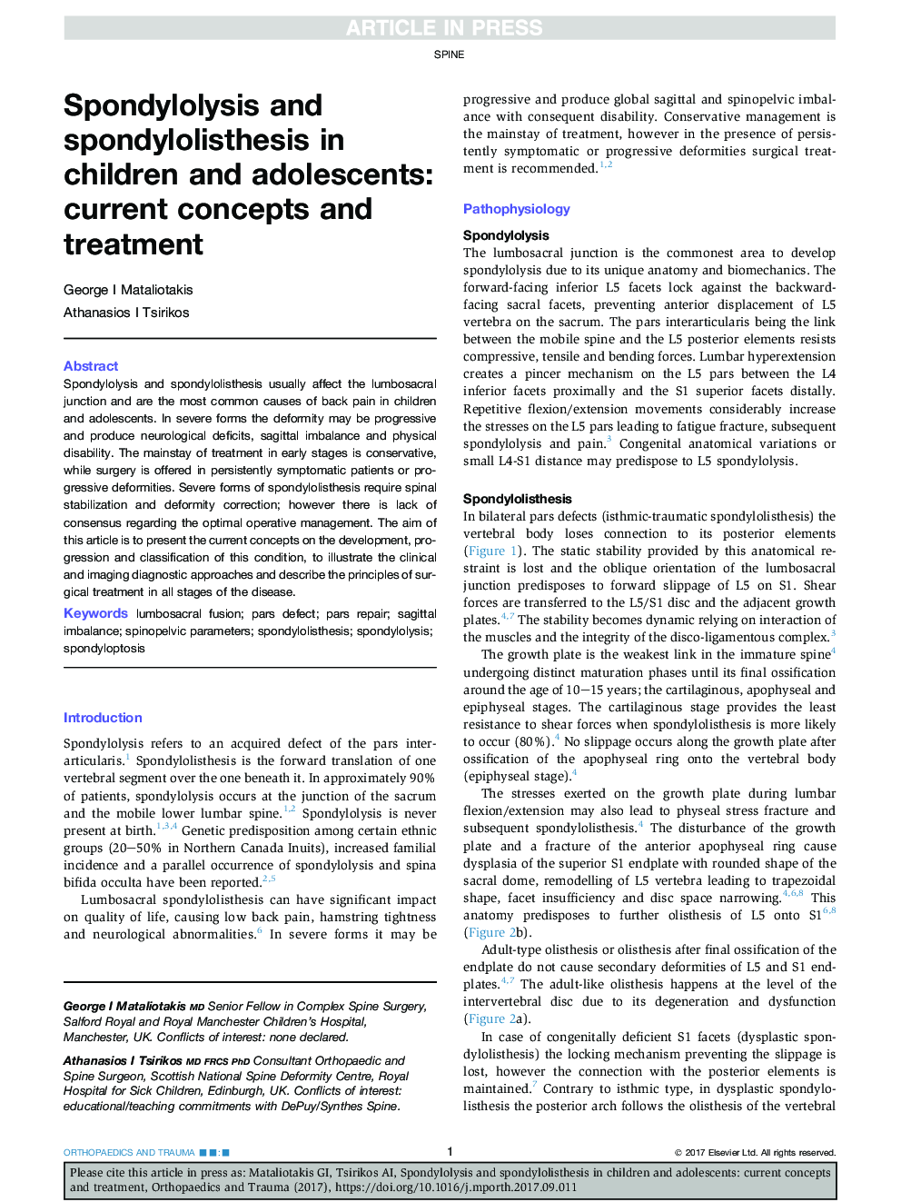 Spondylolysis and spondylolisthesis in children and adolescents: current concepts and treatment
