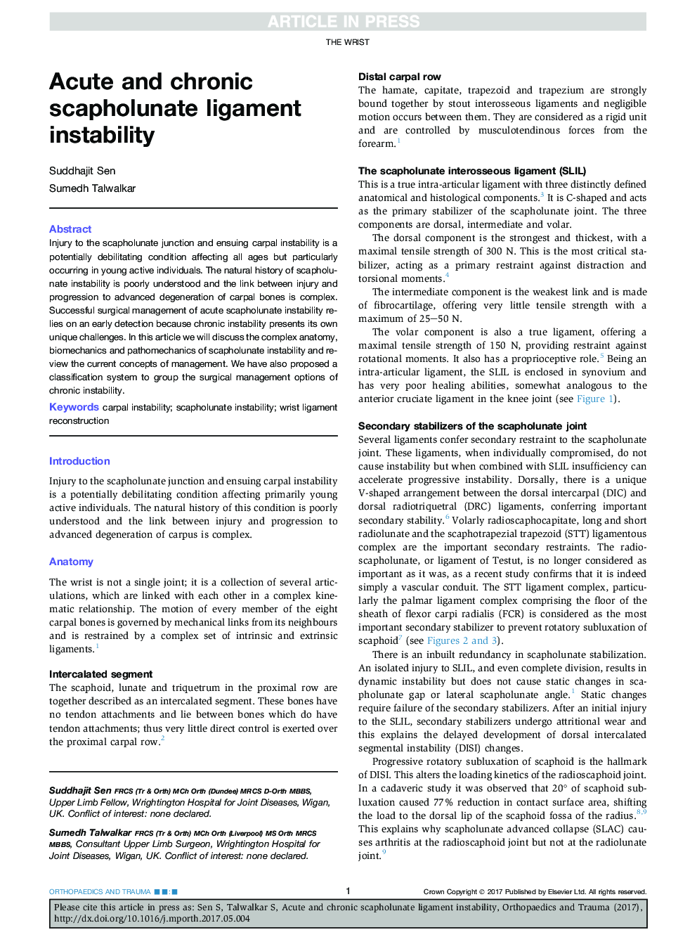 Acute and chronic scapholunate ligament instability