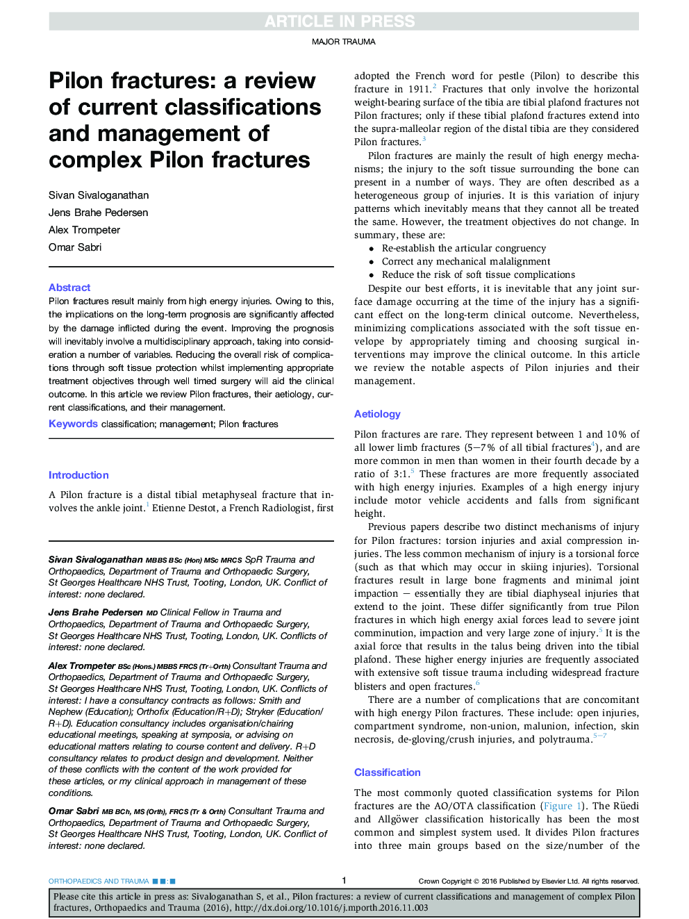 Pilon fractures: a review of current classifications and management of complex Pilon fractures