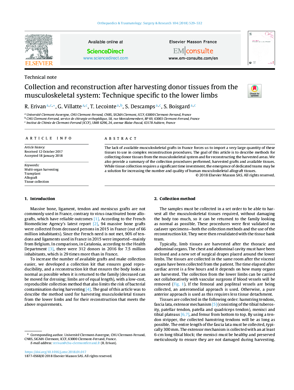 Collection and reconstruction after harvesting donor tissues from the musculoskeletal system: Technique specific to the lower limbs