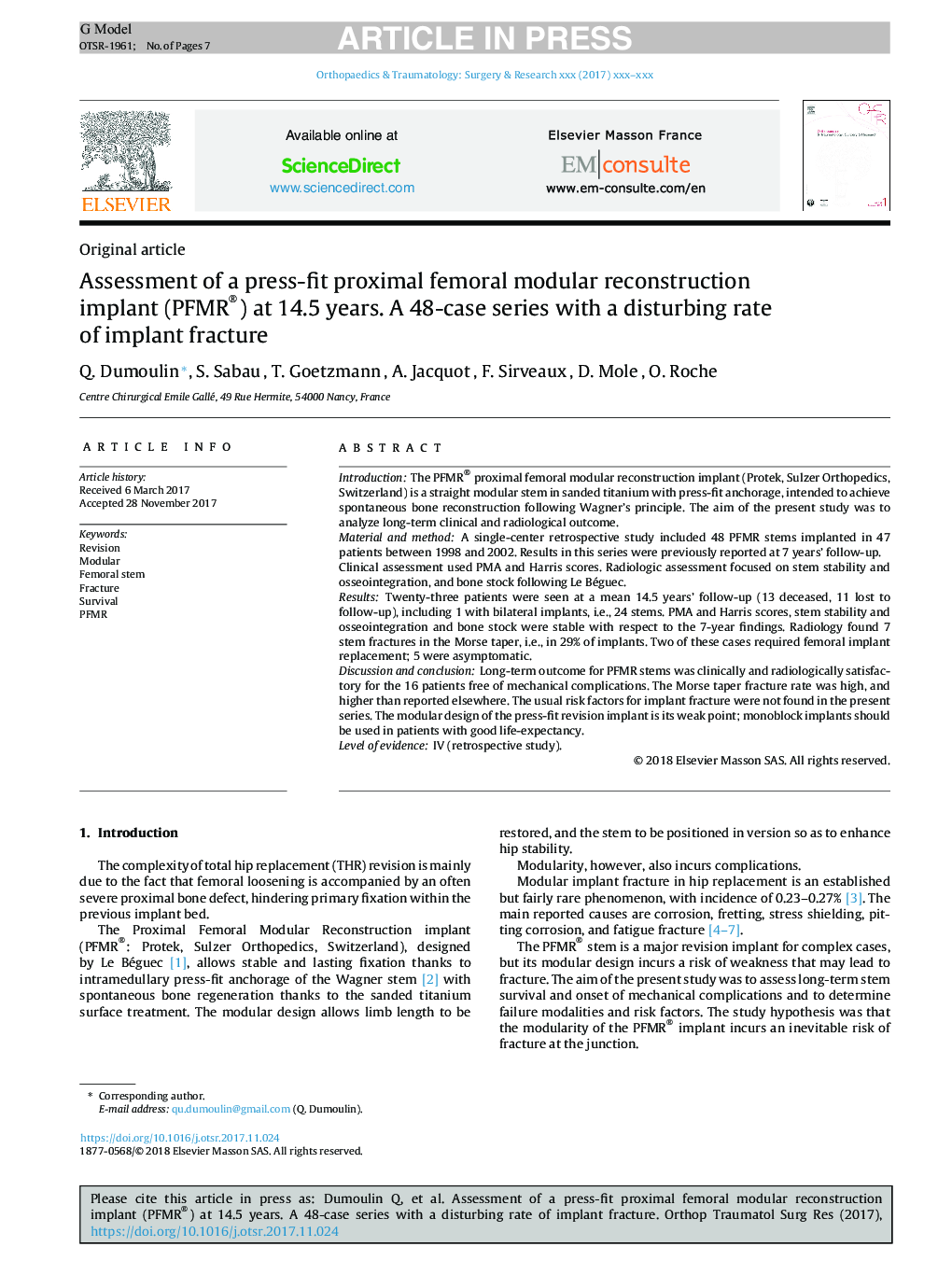 Assessment of a press-fit proximal femoral modular reconstruction implant (PFMR®) at 14.5 years. A 48-case series with a disturbing rate of implant fracture