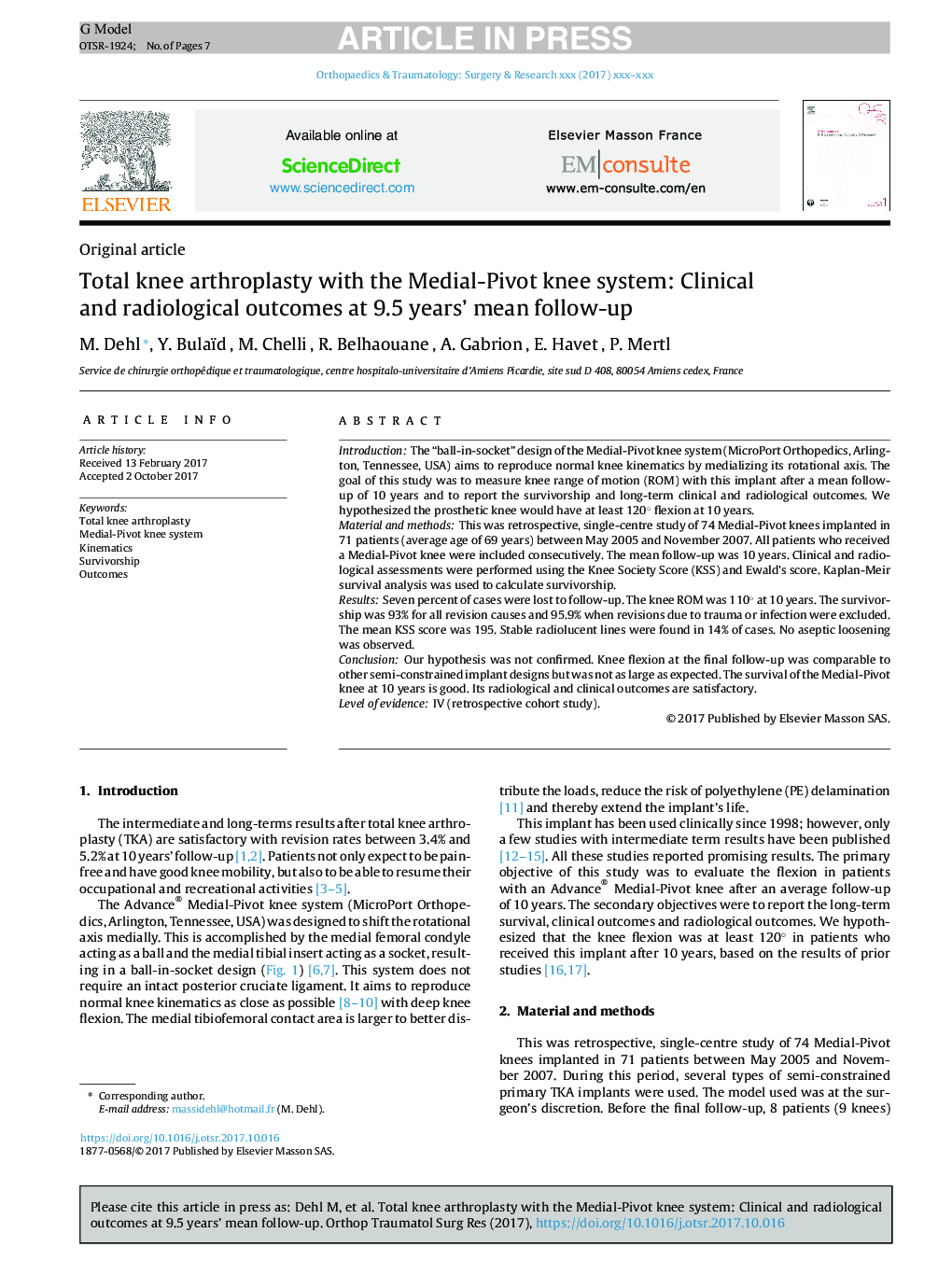 Total knee arthroplasty with the Medial-Pivot knee system: Clinical and radiological outcomes at 9.5Â years' mean follow-up