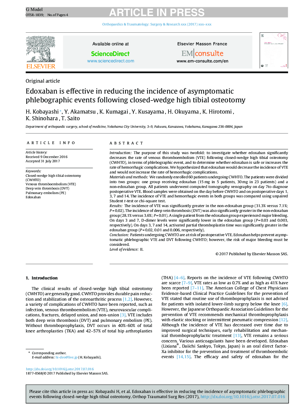 Edoxaban is effective in reducing the incidence of asymptomatic phlebographic events following closed-wedge high tibial osteotomy